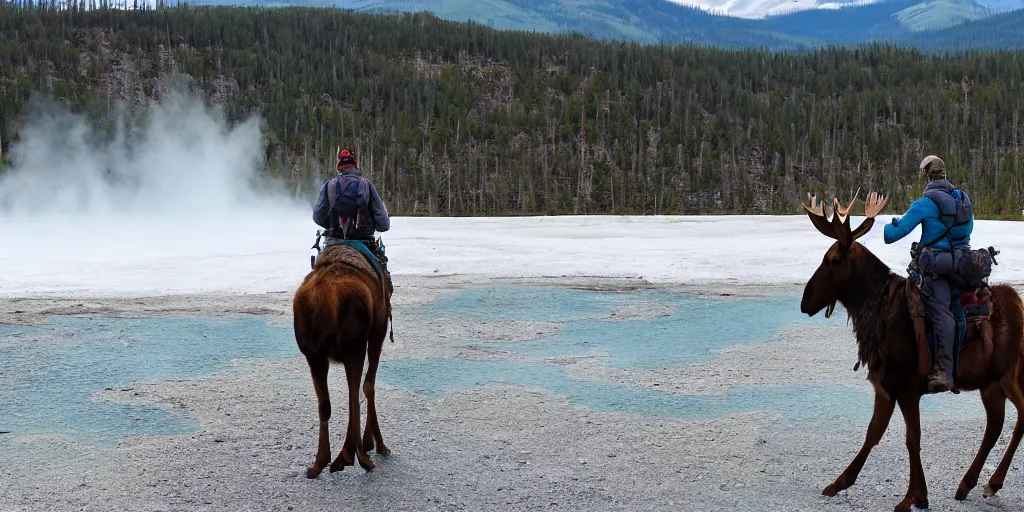 Image similar to hiker riding moose in yellowstone with prismatic spring in background