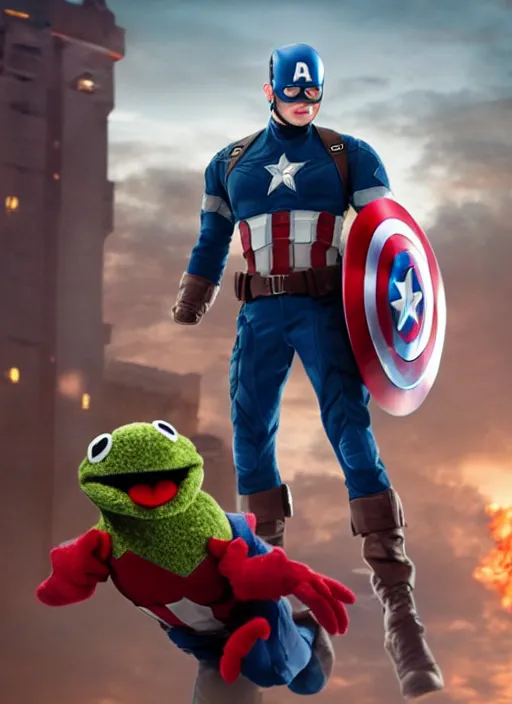 Image similar to captain america as a muppet in the new action movie 4 k atmospheric volumetric