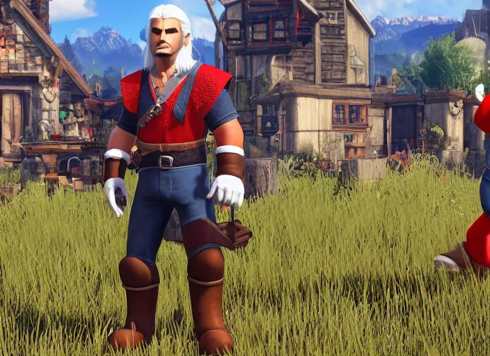 Prompt: super mario as geralt from witcher 3, rayracing, rtx, ultra detailed, in the witcher game, white hair, mario hat, overalls, red shirt