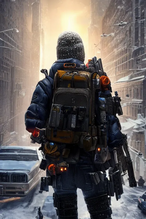 Prompt: close up of an agent from (Tom Clancy's The Division), snowy new york in background, high detail, digital art, trending on artstation, by Tom Garden