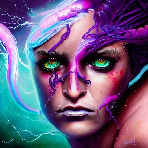 Image similar to detailed photo portrait of a furious teen girl with thin, hair-like purple tentacles on her head and bright purple eyes, 8k,by tristan eaton, Stanley Artgermm,Tom Bagshaw,Greg Rutkowski,Carne Griffiths,trending on DeviantArt, face enhance,hyper detailed ,full of colour, dramatic lightning