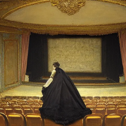 Image similar to an actress on stage in an old theater, only a single visitor in the audience, by alfred stevens