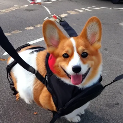 Prompt: a happy corgi in a backpack eating a pizza while watching F1