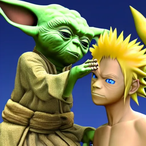 Image similar to 3 d render yoda kissing naruto uzumaki