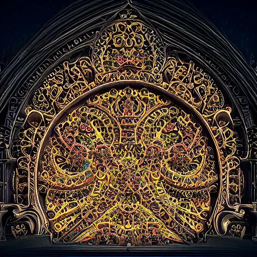 Prompt: a photo - real delicate sculpture of an ornate detailed cathedral populated by mandelbrot fractals, micro detail, unreal engine, backlit lighting, octane renderer, colorful, physically based rendering, tribal art, trending on cgsociety