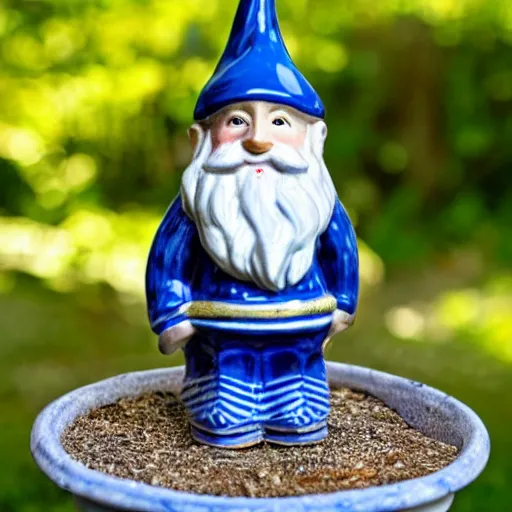 Image similar to a garden gnome made of blue and white fine china. intricate blue patterns. soft light. golden hour