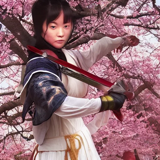 Prompt: a young woman sword fighter in 16th century china fighting in a whirlwind of sakura blossoms by ross tran and peter morbacher