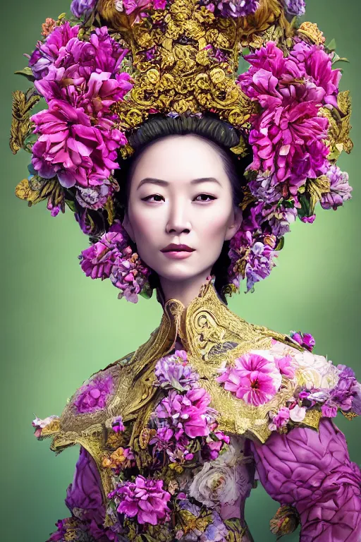 Prompt: a beautiful portrait of an empress in her garden, with a brilliant, impossible striking big flower headpiece, clothes entirely made out of flowers, symmetrical, closeup, dramatic studio lighting, rococo, baroque, jewels, asian, hyperrealism, D&D, fantasy, intricate, elegant, highly detailed, digital painting, artstation, octane render, 8k, concept art, matte, sharp focus, illustration, art by Artgerm and Greg Rutkowski and Alphonse Mucha
