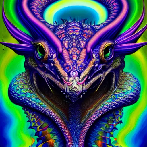 Image similar to an extremely psychedelic portrait of a dragon, surreal, lsd, face, detailed, intricate, elegant, lithe, highly detailed, digital painting, artstation, concept art, smooth, sharp focus, illustration