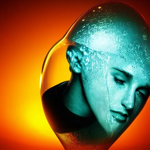 Prompt: a human head in a bottle shape water art manipulation, on the ocean water, futuristic, glowing, hyper realistic, ray tracing, realistic water splashes, sharp focus, long shot, 8 k resolution, cinematic, photoshop art