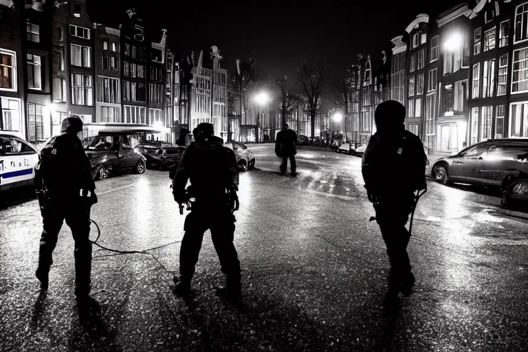 Image similar to photography of a hacker being arrested in amsterdam at night