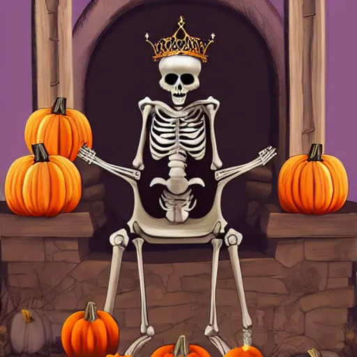 Image similar to a skeleton in a crown sitting on a chair surrounded by pumpkins, a storybook illustration by anne stokes, featured on deviantart, gothic art, behance hd, creepypasta, 2 d game art