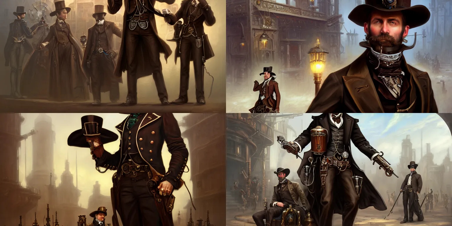 Prompt: full-length portrait of a noble gunslinger gentleman in hat in the center, holding arms on holsters , matte painting of steampunk machines on background, by tyler edlin and lindsey look, victorian, concept art, brutal, steam romance, steam-punk, detailed, 4k resolution, trending on artstation