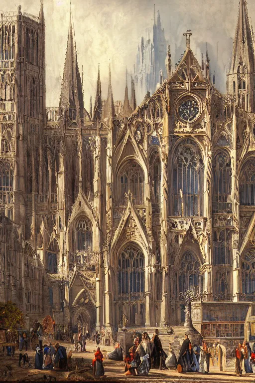 Prompt: group of people in the exterior of a highly detailed cathedral, in the style of samuel prout, highly detailed, elegant, intrincate, colorful, vivid, realist style, hyperdetailed, 4 k resolution, matte painting