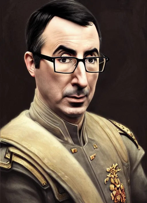 Image similar to portrait of stoic looking john oliver as in the vigo carpathian painting, full body, military uniform, fantasy, intricate, elegant, beautiful, highly detailed, charcoal, centered, dark, smokey, digital painting, artstation, concept art, smooth, sharp focus, illustration, art by artgerm and greg rutkowski and alphonse mucha