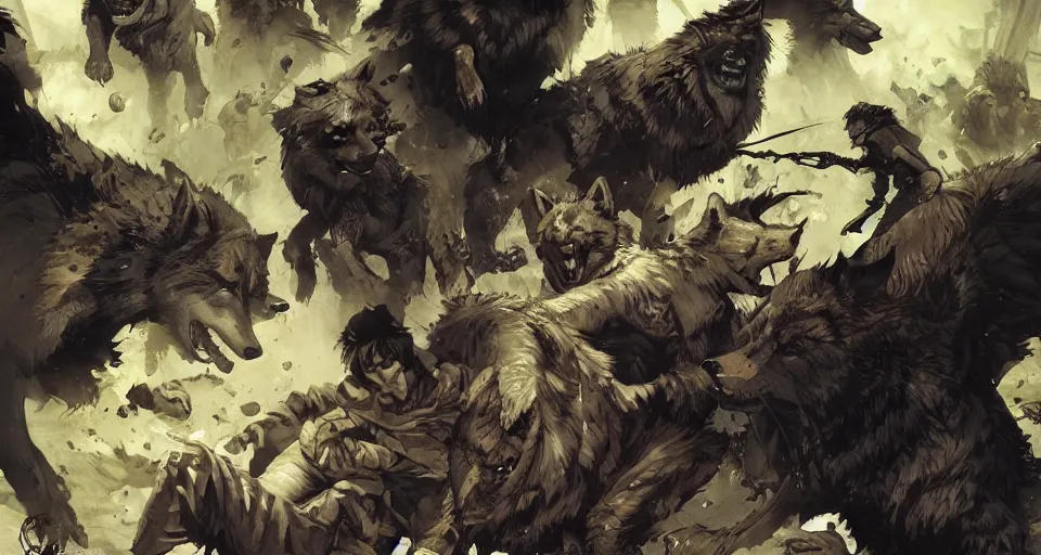 Image similar to WOLVES AND THEIR TREASURES. By Travis Charest, James Gurney, and Ashley Wood. magic lighting. Magic the gathering. digital painting.