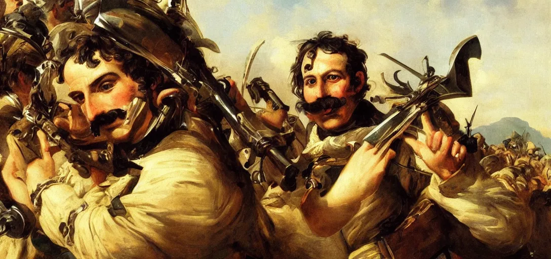 Image similar to a moustached frenchman holding a gpu above his head triumphantly during a battlefield victory, romanticism painting, hyper detailed