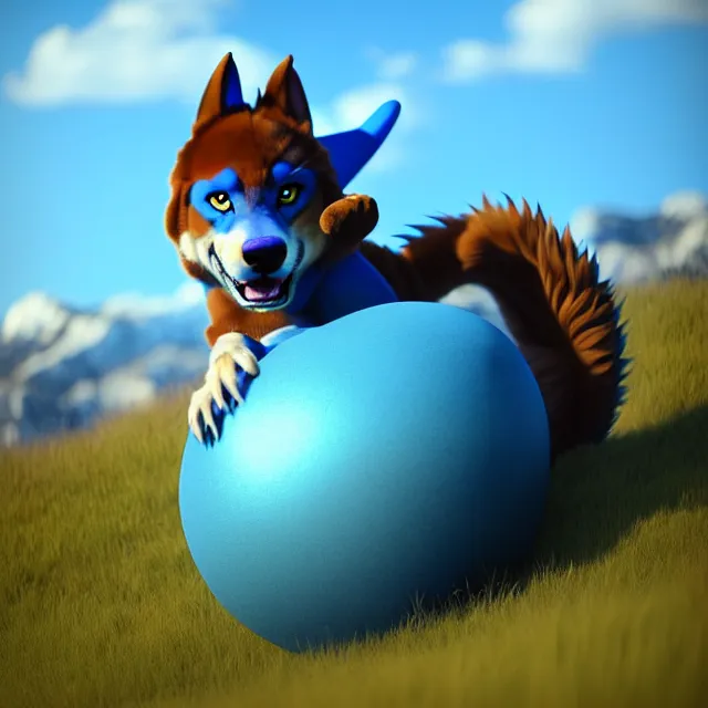 Image similar to a spherical anthropomorphic male blue dragon fursona being rolled up a hill, anthropomorphic male brown husky fursona, furry, round, sphere, 3 d render, unreal engine 5, octane render, soft colors, vivid, cute, 1 6 k