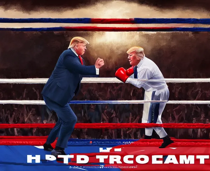 Image similar to hyper detailed ultra sharp full body character portrait of donald trump in a boxing match with joe biden, cinematic lighting, good value control, league of legends splash art, photorealistic eyes, smooth, realistic shading, enhance face, painted texture maps,