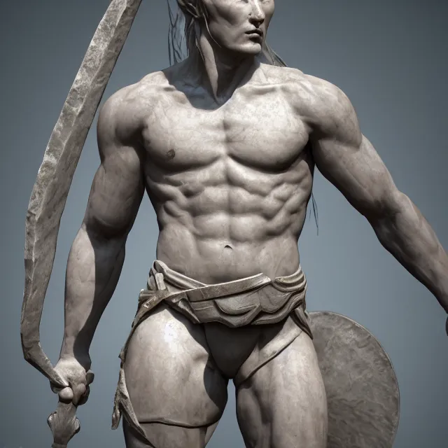 Image similar to marble sculpture of a warrior elf man, realistic, unreal engine render, octane render, hyper realistic, photo, 8 k, cinematic lighting