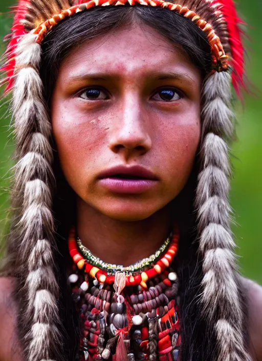 Prompt: closeup portrait of a red indian girl, depth of field, zeiss lens, detailed, symmetrical, centered, fashion photoshoot, by Annie Leibovitz and Steve McCurry, David Lazar, Jimmy Nelsson, Breathtaking, 8k resolution, extremely detailed, beautiful, establishing shot, artistic, hyperrealistic, beautiful face, octane render