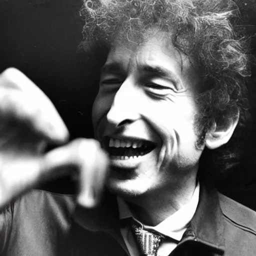 Image similar to bob dylan eating worms, grinning like a child, photograph