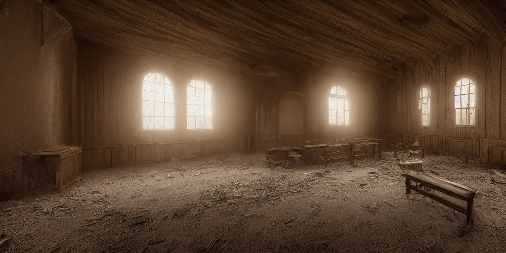 Image similar to interior of a dusty abandoned old western chapel during day, hyper realistic vfx simulation, godrays from windows, trending on Behance, 24mm f8, vray