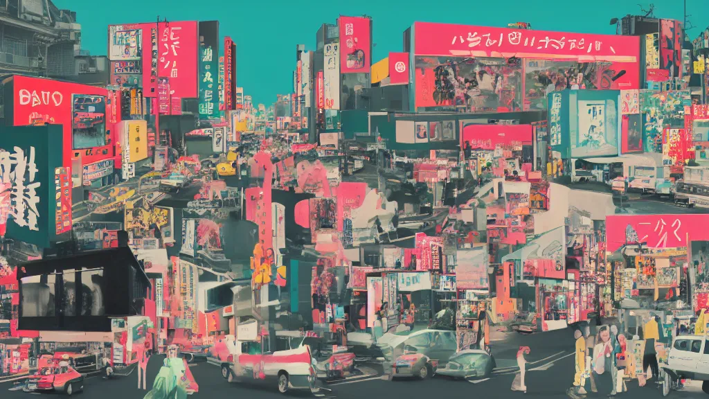 Image similar to pop culture mecca, japan, a collage painting, in the style of wes anderson, lola dupre, david hockney, isolated on negative white space background dark monochrome neon fluorescent spraypaint accents volumetric octane render