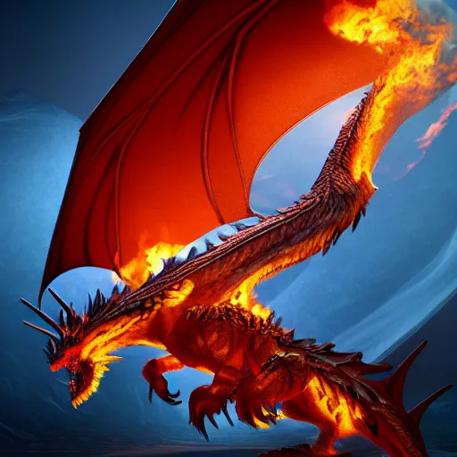 Image similar to breathtaking and majestic powerful dragon with spread wings surrounded by fire, 3d render, concept art, 8k, ultra detail