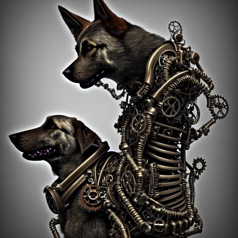 Image similar to steampunk cybernetic biomechanical german shepard dog, 3 d model, very coherent symmetrical artwork, unreal engine realistic render, 8 k, micro detail, intricate, elegant, highly detailed, centered, digital painting, artstation, smooth, sharp focus, illustration, artgerm, tomasz alen kopera, wlop