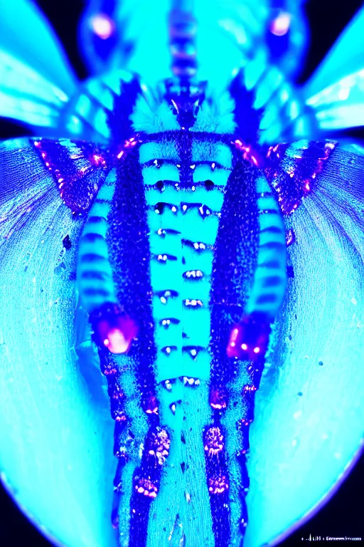 Prompt: high quality macro photo gelatinous furry moth! jeweled gorgeous! highly detailed david ligare elson peter cinematic blue neon lighting high quality low angle hd 8k sharp shallow depth of field