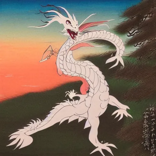 Image similar to Snow-white dragon Haku frolics in the sunset sky, Japanese painting, pastel colors