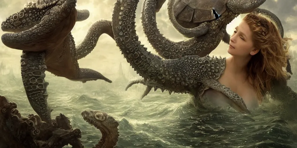 Image similar to Fantasy fairytale story, Great Leviathan Turtle, cephalopod, Cthulhu Squid, Mysterious Island, center Universe, accompany hybrid, Cory Chase, Blake Lively, Anya_Taylor-Joy, Grace Moretz, Halle Berry, Mystical Valkyrie, Anubis-Reptilian, Atlantean Warrior, intense fantasy atmospheric lighting, hyperrealistic, William-Adolphe Bouguereau, François Boucher, Jessica Rossier, Michael Cheval, michael whelan, Cozy, hot springs hidden Cave, Forest, candlelight, natural light, lush plants and flowers, Spectacular Mountains, bright clouds, luminous stellar sky, outer worlds, Solar Flare Unreal Engine, HD,