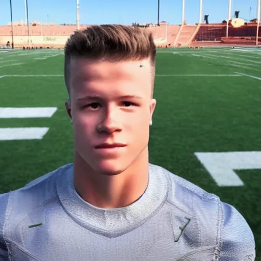 Image similar to “ a realistic detailed photo of a guy who is an attractive humanoid who is half robot and half humanoid, who is a male android, football player christian mccaffrey, shiny skin, posing like a statue, blank stare, on the field, on display ”