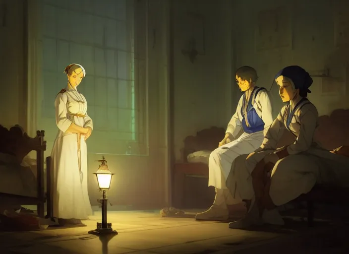 Prompt: 1 8 5 4 crimea, florence nightingale holding lamp, army hospital in scutari at night, wounded patients in beds on both sides of hospital ward, dirty floor, grimy walls, finely detailed perfect art, painted by greg rutkowski makoto shinkai takashi takeuchi studio ghibli