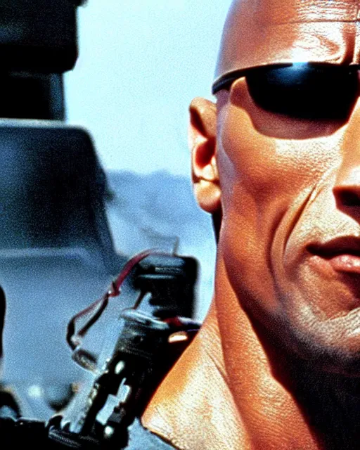 Image similar to Film still close-up shot of Dwayne Johnson in the movie Terminator 2. Photographic, photography