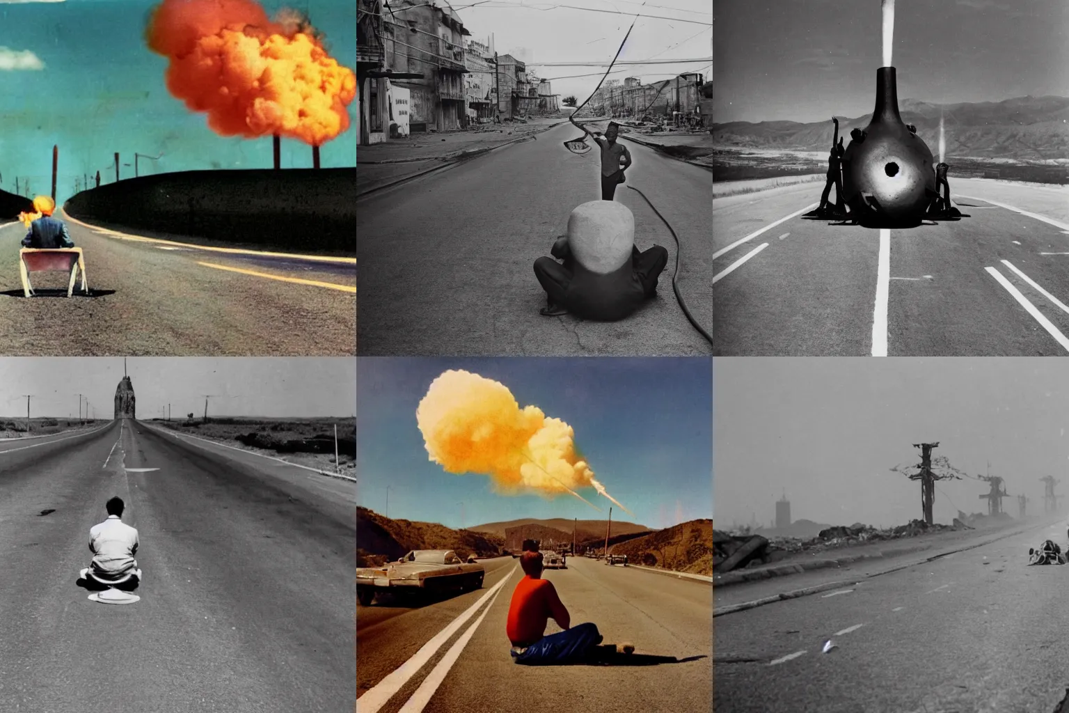 Prompt: photo of an atomic bomb in the middle of a road, a man sits on top of it and cheers, 4K