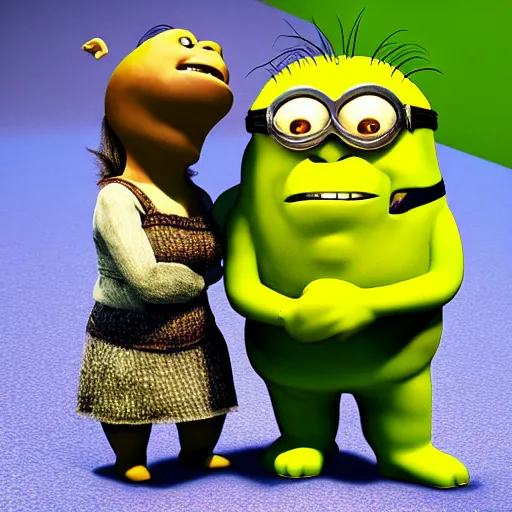 Image similar to “photograph of shrek holding hands with a minion. 8k resolution. Hyperrealistic. Romantic.”