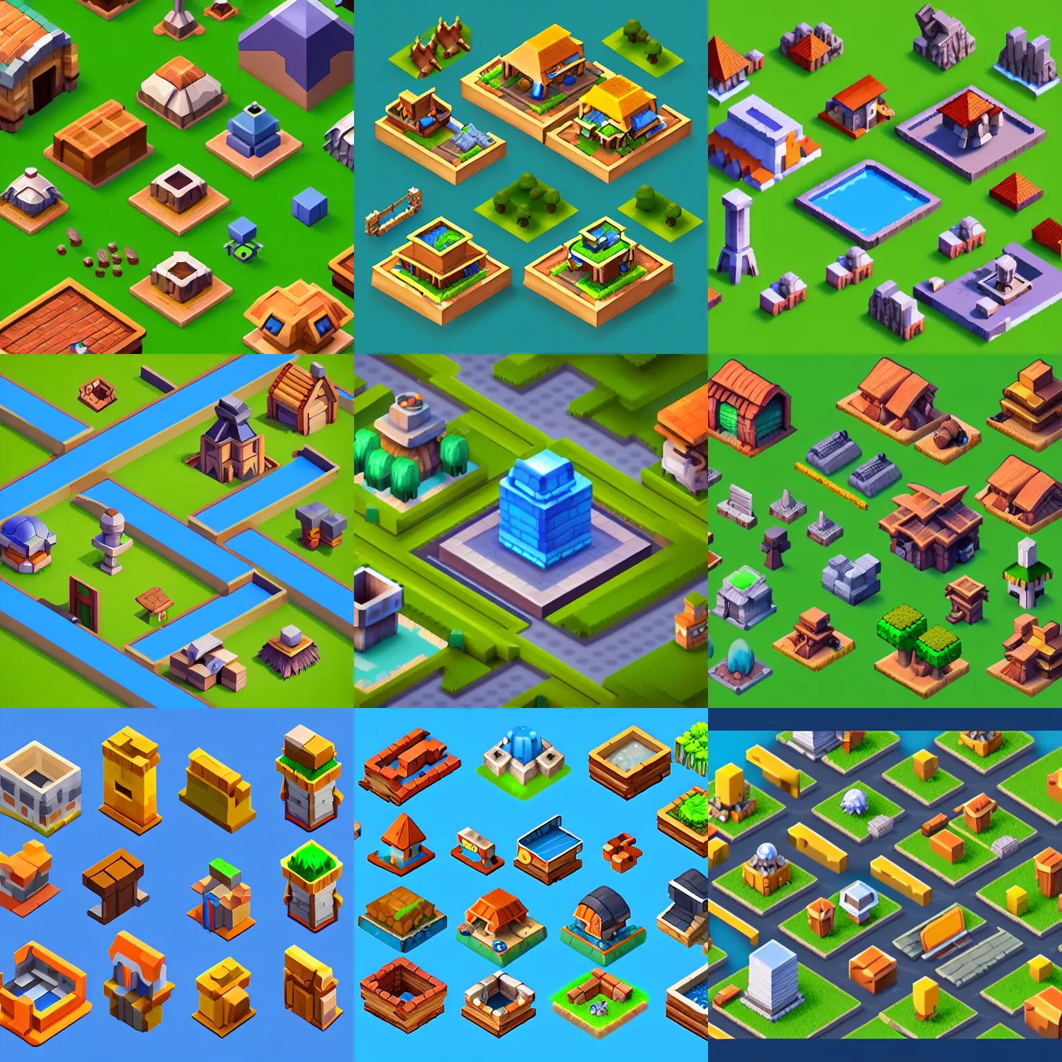 Image similar to collection of isometric building sprites on a solid background, clash of clans style, modular game dev art