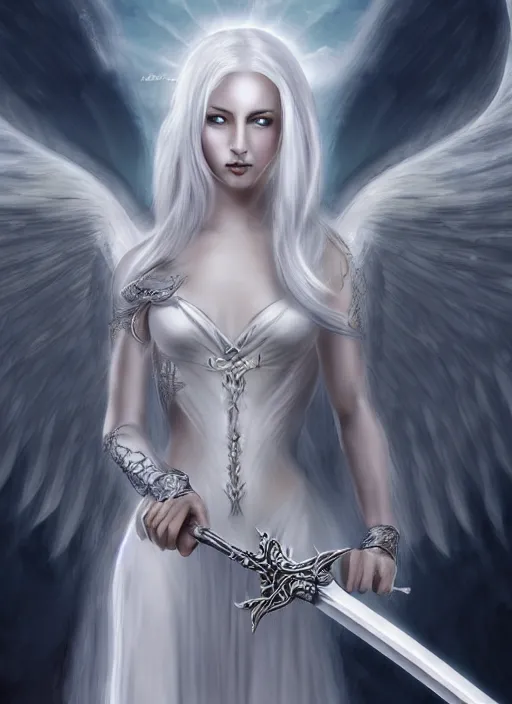 a woman angel with white hair and wings holding a | Stable Diffusion ...