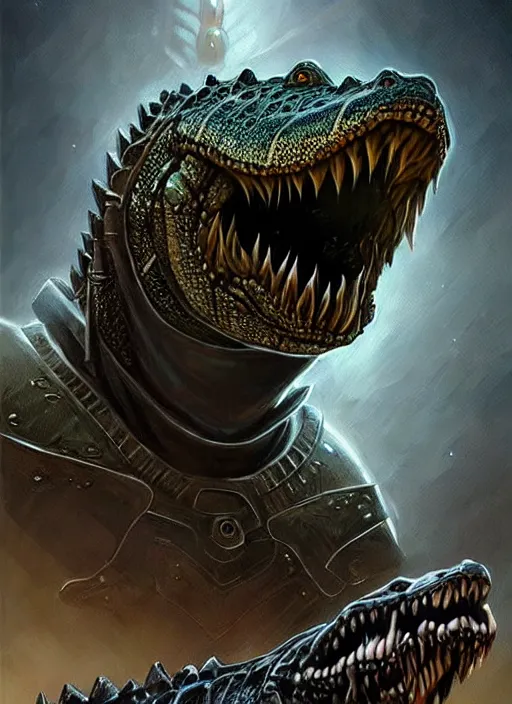 Prompt: sad alligator dressed in futuristic knights armor, cosmic horror painting, elegant intricate digital painting artstation concept art by mark brooks and brad kunkle detailed