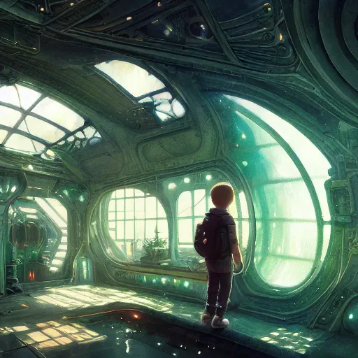 Image similar to , boy with grandma in scifi green house, spaceship, plants, stephen bliss, misty, unreal engine, fantasy art by greg rutkowski, loish, ferdinand knab, and lois van rossdraws, global illumination, radiant light, minimalist, detailed and intricate environment