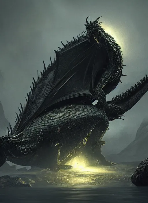 Image similar to one epic Black dragon with shiny scales guarding a dragon egg , dramatic lighting, cinematic, establishing shot, extremly high detail, photo realistic, cinematic lighting, post processed, concept art, artstation, matte painting, style by eddie mendoza, raphael lacoste, alex ross