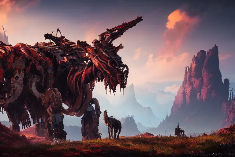 Image similar to grimhorn fanghorn machine mecanical creature robot of horizon forbidden west horizon zero dawn bioluminiscence global illumination ray tracing hdr fanart arstation by ian pesty and alena aenami artworks in 4 k