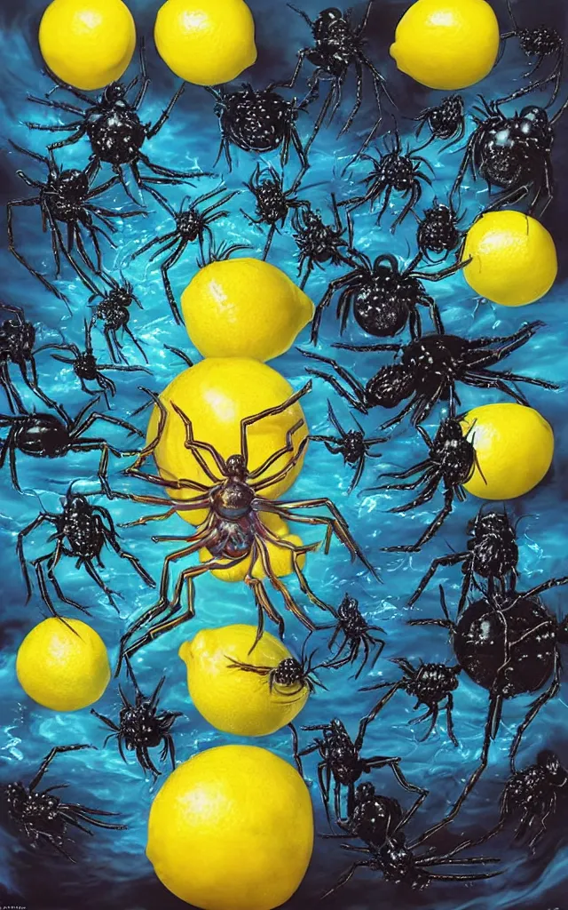 Prompt: big lemon surrounded by giant airbrushed spiders glimmering and drips of water, black background, airbrush fantasy 80s, masterpiece album cover