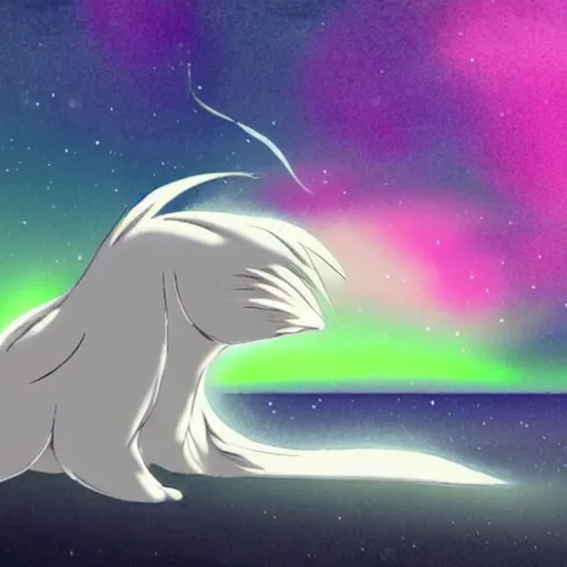 Image similar to Alolan Ninetales shiny, standing on an snowy hill with an aurora borealis in the night sky