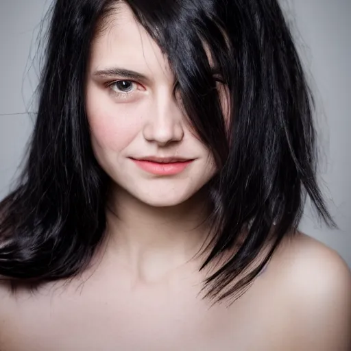 Image similar to young woman with shoulder - length messy black hair, slightly smiling, 1 3 5 mm nikon portrait