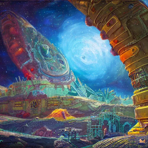 Image similar to spaceport orbiting ancient post - apocalyptic planet, jim henson creature shop, vivid and colorful, thomas kincaid, cinematic, oil painting, highly detailed, illustration