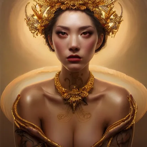 Prompt: expressive oil painting, of alluring european princess, seductive look, smirking, smooth glowing skin, glistening body, love, adoration, sweat, tattoos, ornate headpiece made of bees, glamour shot, by yoshitaka amano, by greg rutkowski, by jeremyg lipkinng, by artgerm, digital art, octane render, heavenly aesthetic