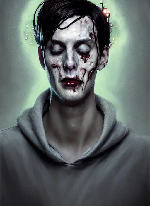 Image similar to portrait of zombie jughead jones wearing a light grey crown, photorealistic, zombie, crown, eyes closed, crown, black hair, intricate, elegant, glowing lights, highly detailed, digital painting, artstation, concept art, sharp focus, illustration, art by wlop, mars ravelo and greg rutkowski